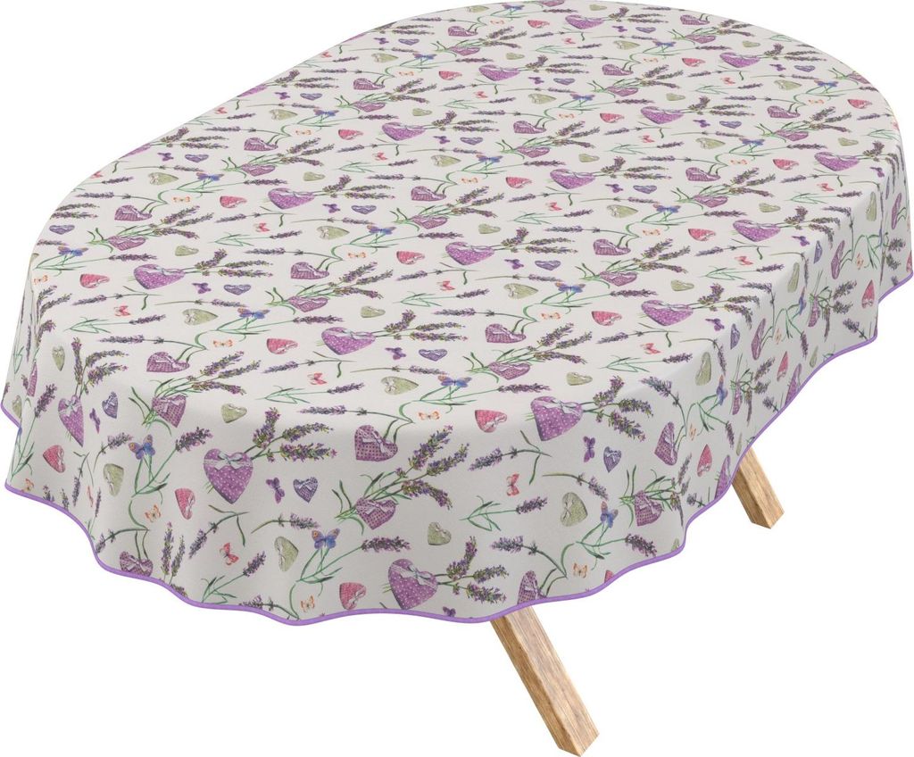Tischdecke 3.0 Ruhig Lavanda Herz Lila Oval 200x140cm Band Wachstuch abwaschbar