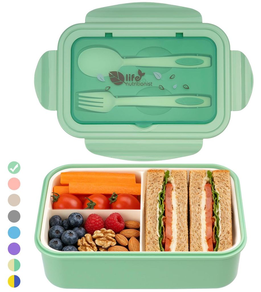 Lunchbox für Erwachsene und Bürogebrauch, 1400 ml, auslaufsicher, große Bento-Box mit 3 Fächern und Besteck, mikrowellengeeignet, für Schule, ...
