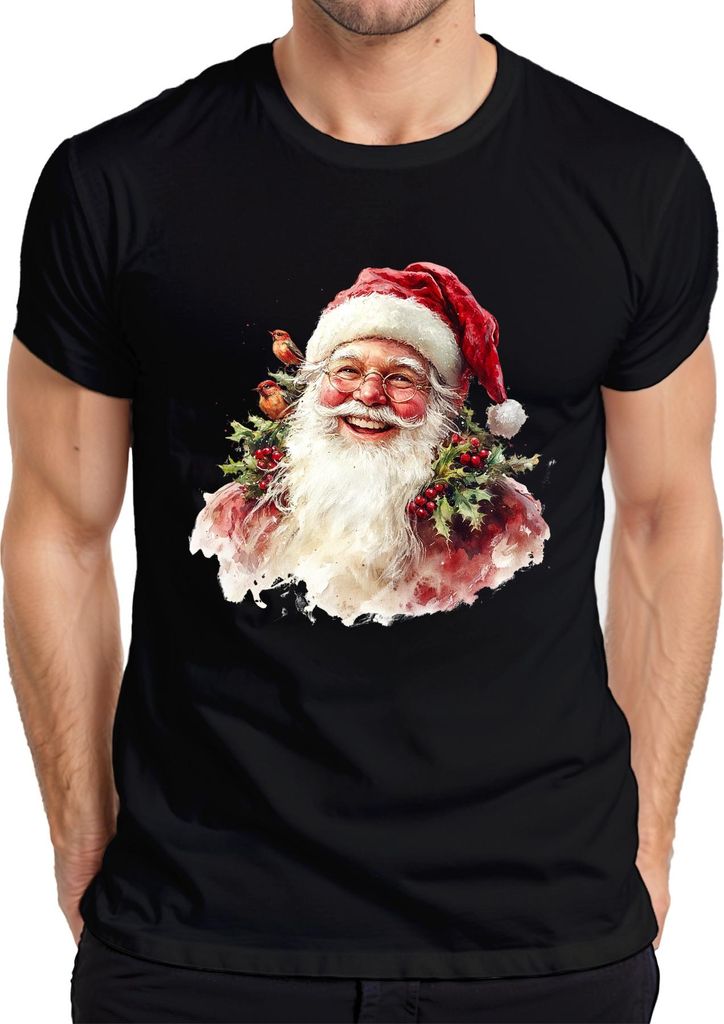 Weihnachtsmann Aquarell Vintage Stechpalme Rotkehlchen Geschenk Herren T-Shirt, Schwarz, XL