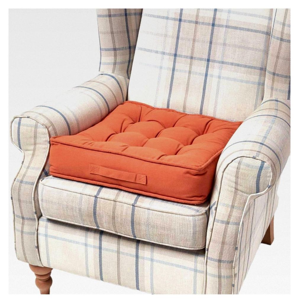 Dickes Sitzkissen 50x50 cm in Terracotta, 10 cm hohe Sesselauflage mit Baumwollbezug und Tragegriff