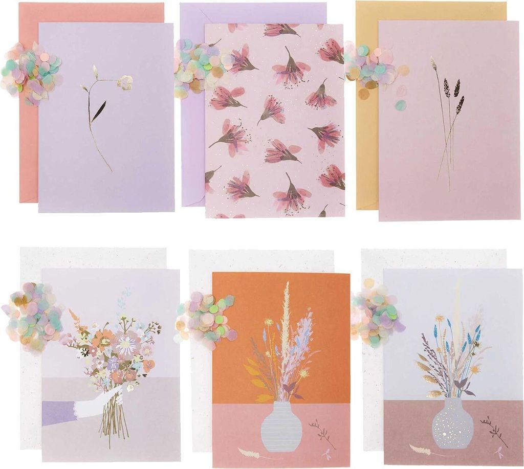 Karten-Bastelset Blumen Pastell 6 Kits mit Umschlägen und 18 Aufklebern zum Selbermachen