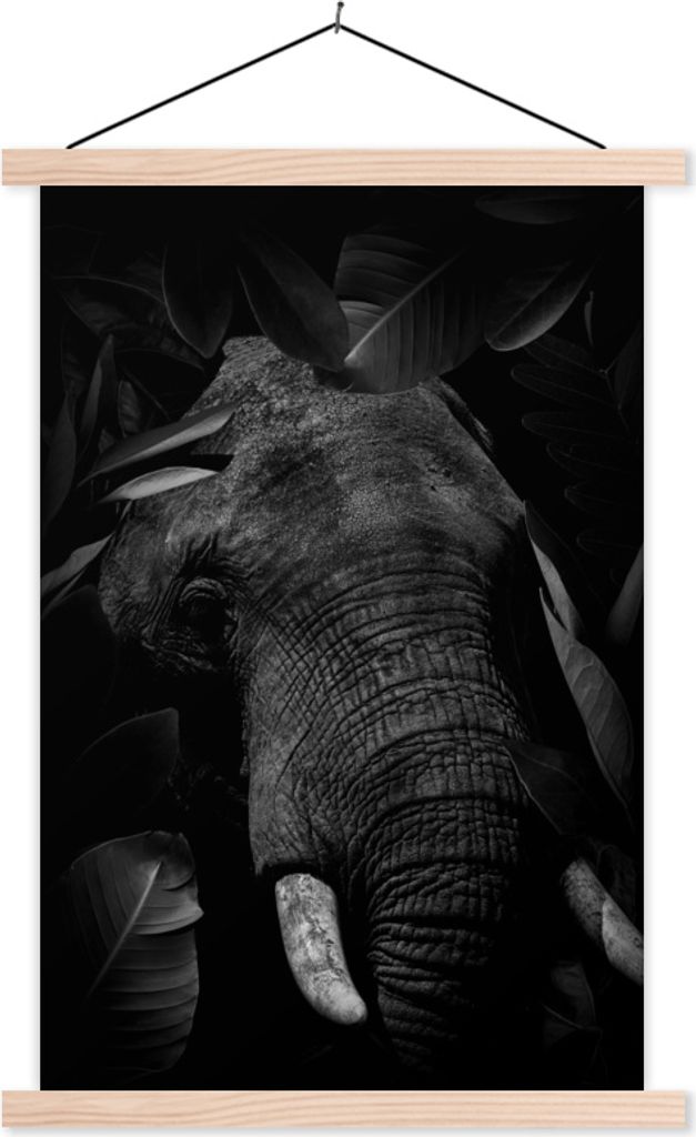 MuchoWow Textilposter Botanischer Elefant mit Blättern auf schwarzem Hintergrund - schwarz und weiß 120x180 cm mit holzfarbenen Rahmen - Textil...