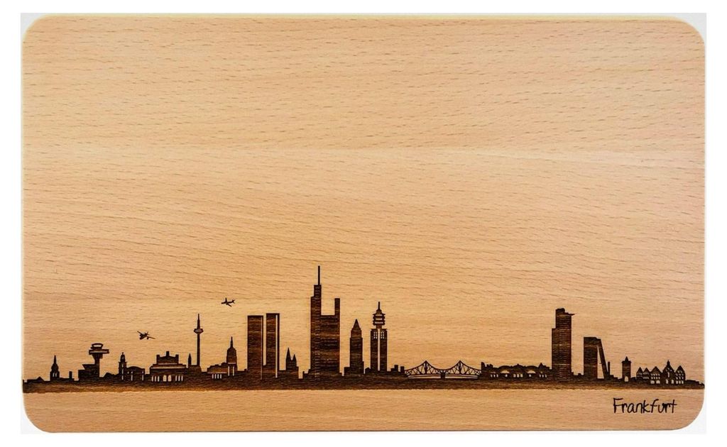 Brotzeitbrett Frankfurt Skyline | Frühstücksbrettchen aus Buche | Holz Schneidbrett | Geschenk mit Gravur | Hessen | Frühstücksbrett (Brett L (...