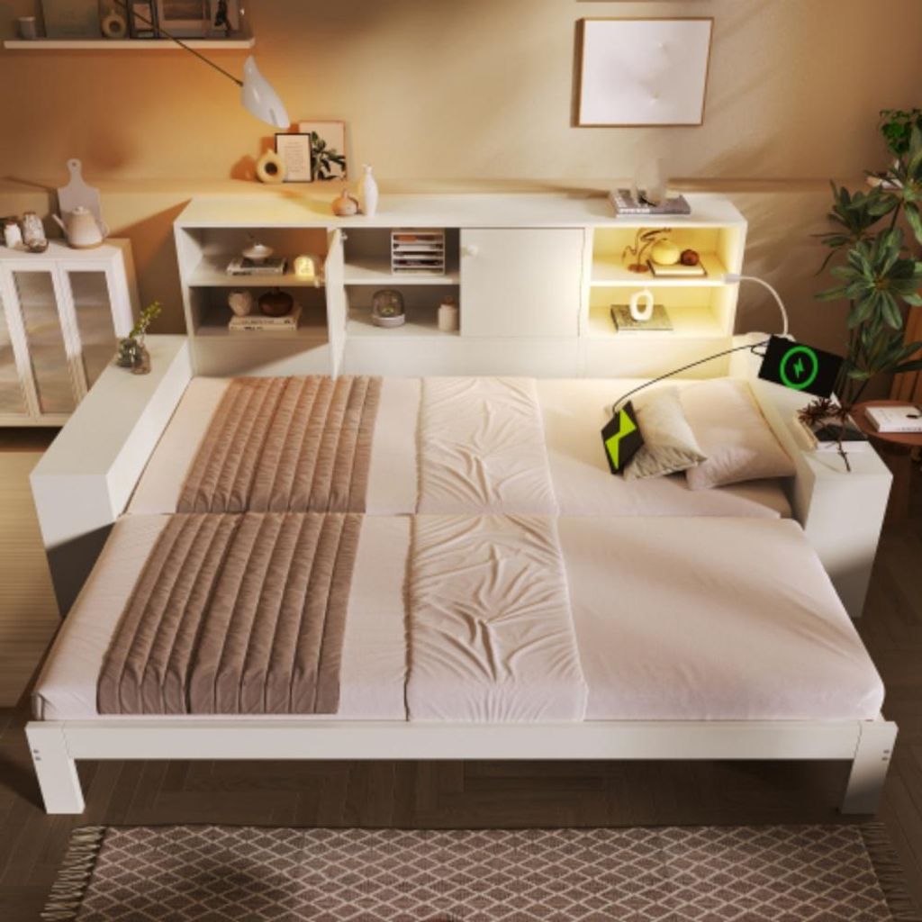 Stauraumbett Tagesbett mit Ausziehbett, Holz-Bett mit Doppeltüren & USB/USB-C Anschlüssen (ohne Matratze) 90x200 cm