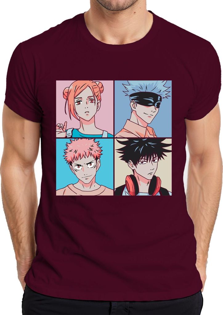 Jujutsu Kaisen Anime Poster Gojo Itadori Fushiguro Kugisaki Herren T-Shirt, Burgundy, XL