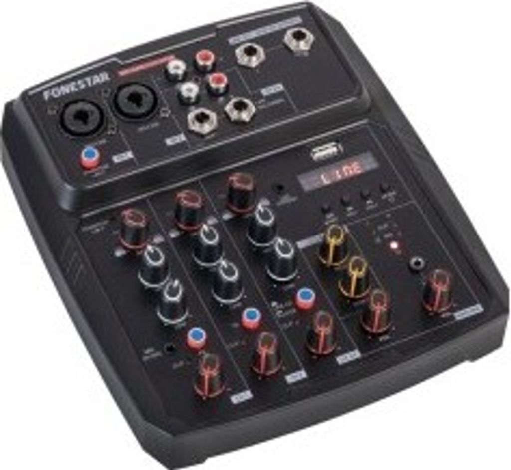 Fonestar MIX-4LIVE: Mischpult mit Streaming, PC-Soundkarte und Bluetooth/USB, 2 Mono-Kanäle, 1 Stereo-Kanal.