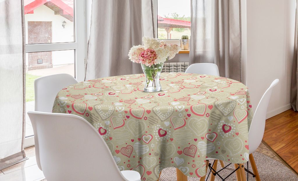 ABAKUHAUS Valentines Runde Tischdecke, Doodle Herz Motive, Kreis Tischdecke Abdeckung für Esszimmer Küche Dekoration, 150 cm, Beige Dunkel Coral ...