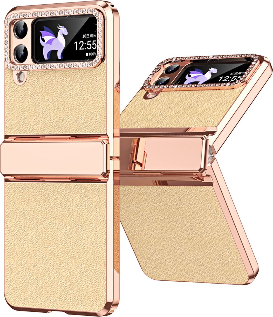 Handyhülle für Samsung Galaxy Z Flip 4 5G, Scharnierschutz, Luxus Galvanisierter Litschi Glänzender Diamant Schutzhülle Gold