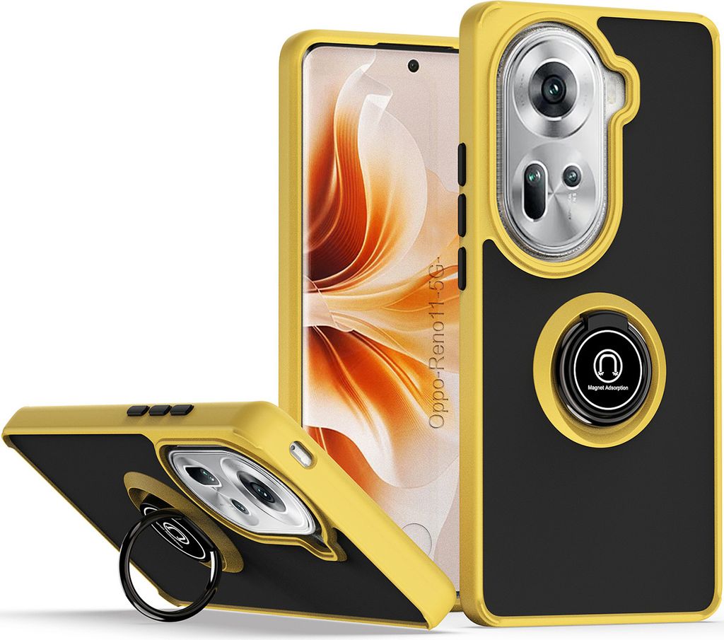 Hülle für Oppo Reno11 Ring Halter Ständer Matte Transluzent TPU Bumper Stoßfest Schutzhülle Gelb