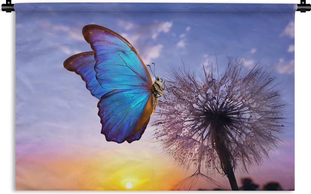 MuchoWow Wandteppich Wandbehang Schmetterling - Sonnenuntergang - Löwenzahn - Blau 60x40 cm Tapisserie Dekoration Wandtuch - Wanddekorationen
