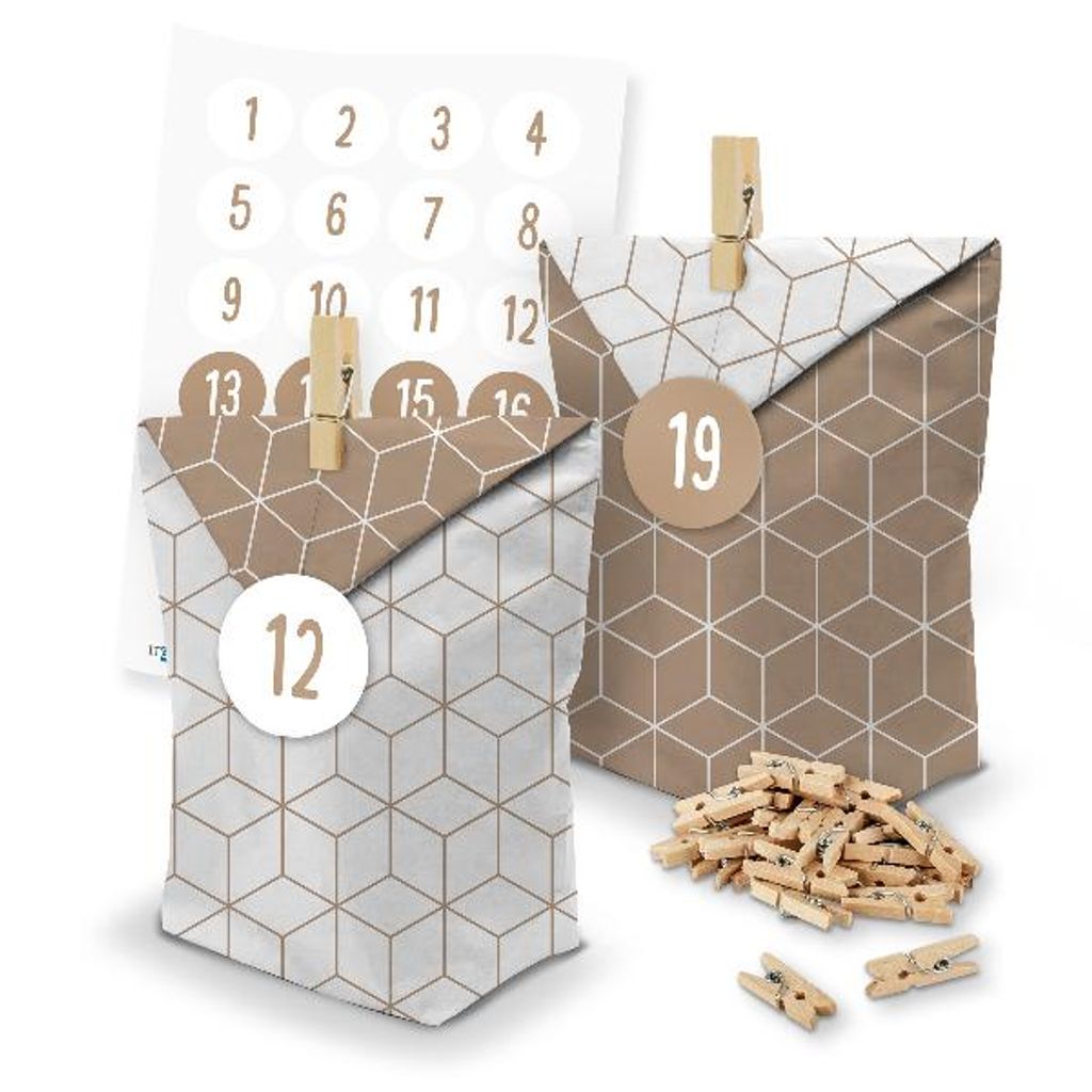 itenga SET Adventskalender 24 x Tüten Geometrie + Klammern + Zahlensticker (Z32)