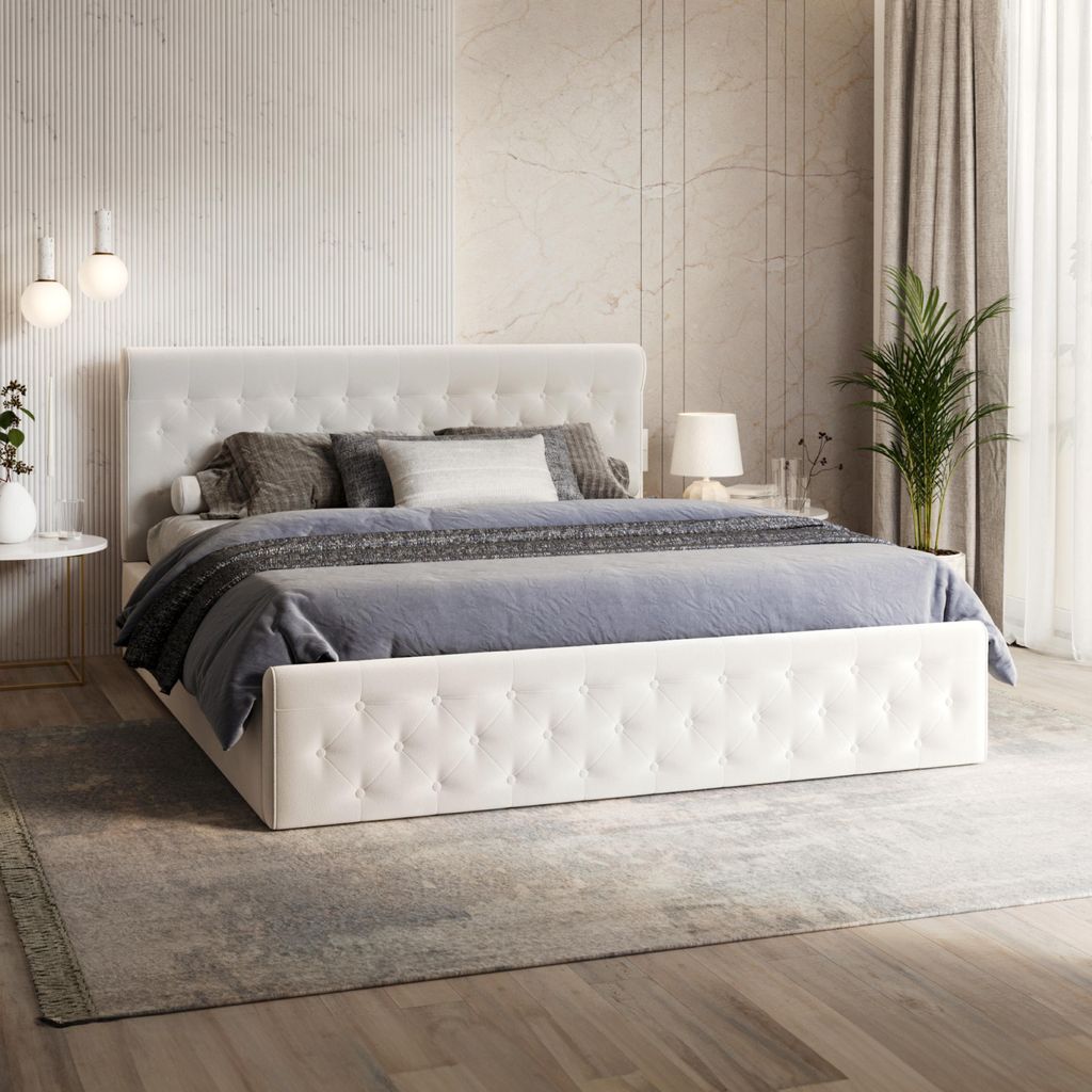 FDM Bett PARADISE Trinity 160x200 cm Polsterbett mit Lattenrost aus Metall Bettkasten Stauraumbett Samt weiß