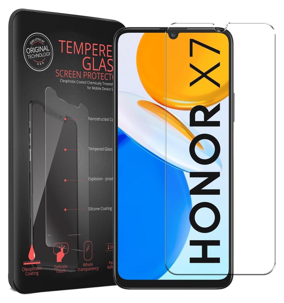 A product package for a screen protector for a Honor X7 phone, with the phone and screen protector shown.