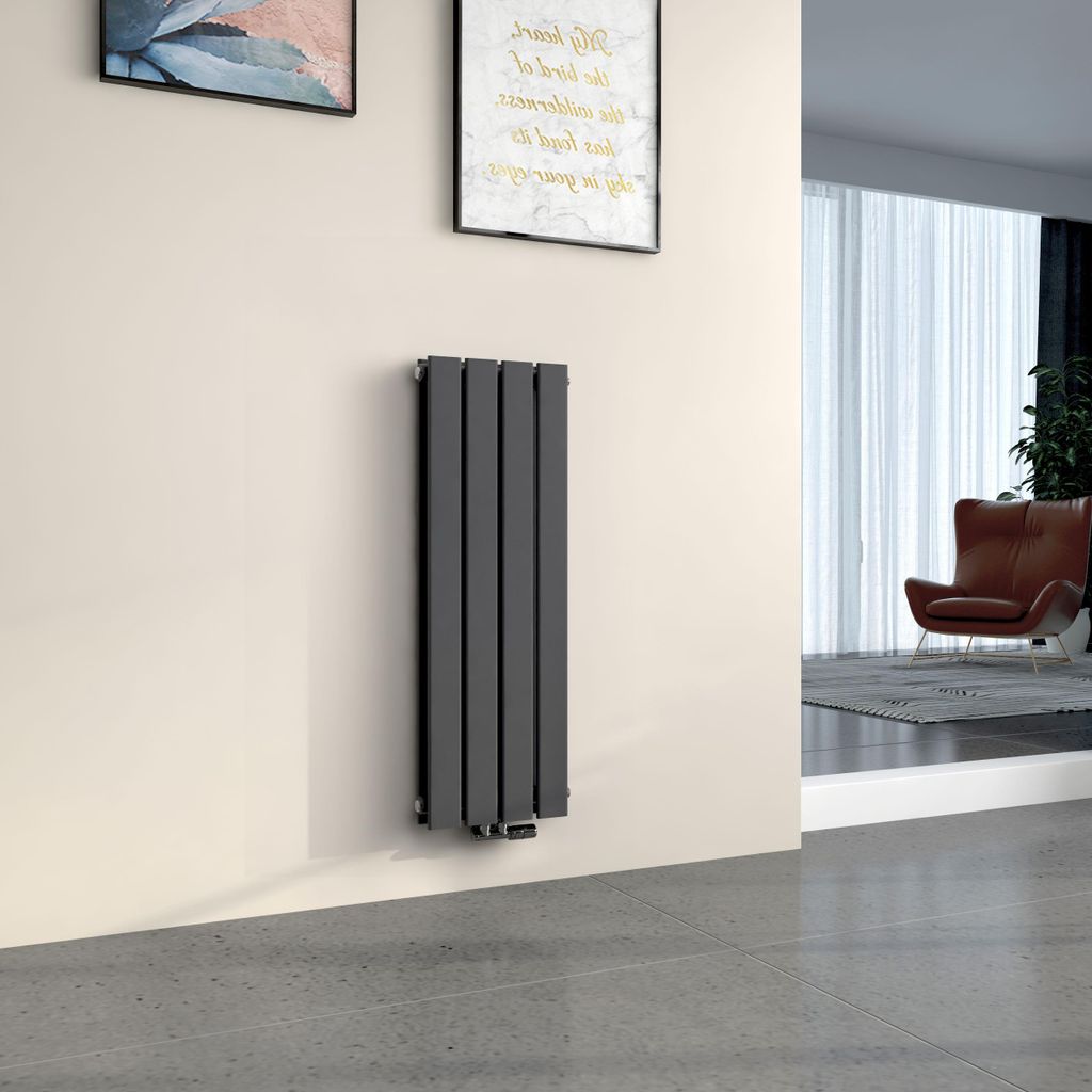 EMKE Heizkörper Flach Kompakt Design Paneelheizkörper Vertikal Doppellagig Mittelanschluss 90x30cm 559W Anthrazit Platzsparend ohne Heizstab