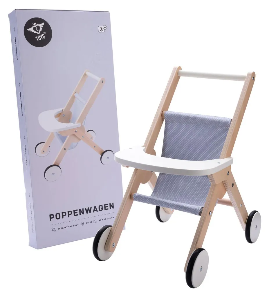 Poussette de poupée en bois gris et bleu - Landau robuste pour enfant