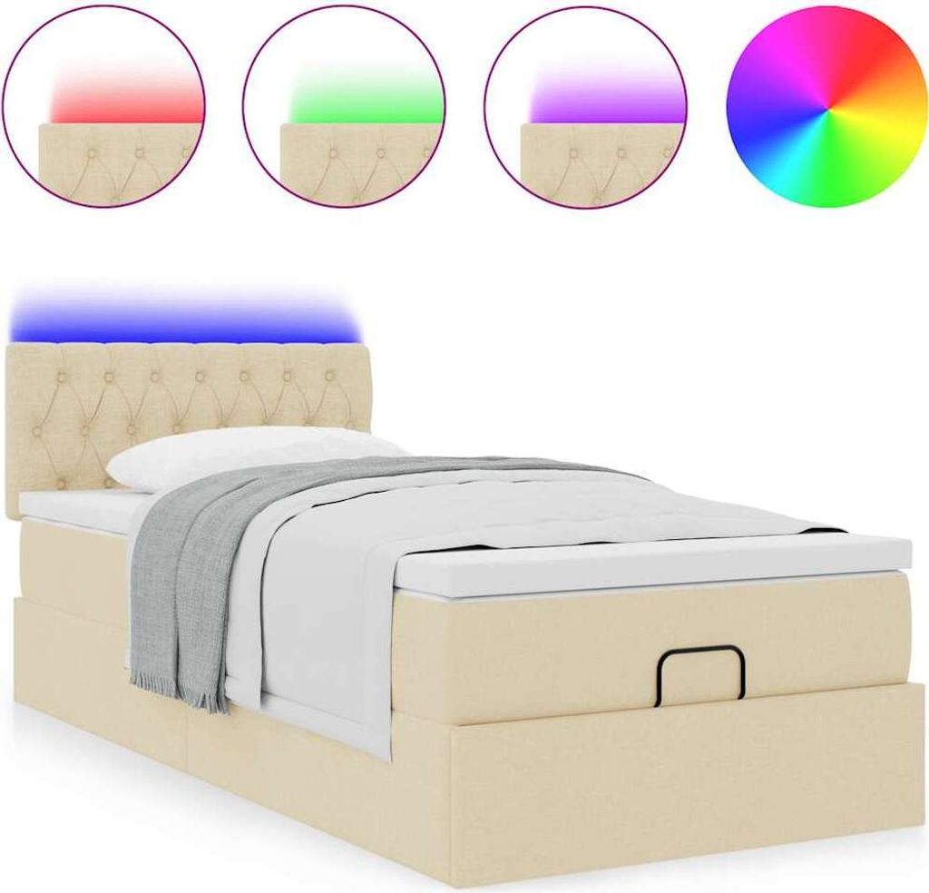 Ottomane Bett mit Matratze & LEDs Creme 90x200 cm Stoff