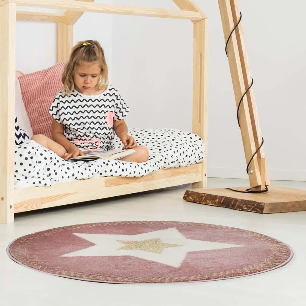 Tapis Rond Étoile Rose en Polyester 80cm - Décoration Chambre Enfant
