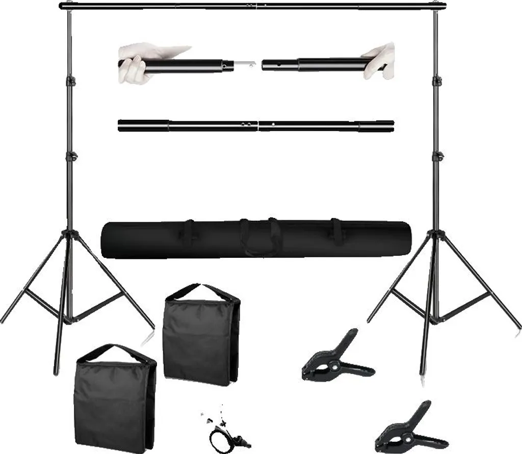 Sistema di supporto per lo sfondo, struttura in alluminio resistente, portatile e regolabile, 200cmx200cm, sacchetto di sabbia telescopico