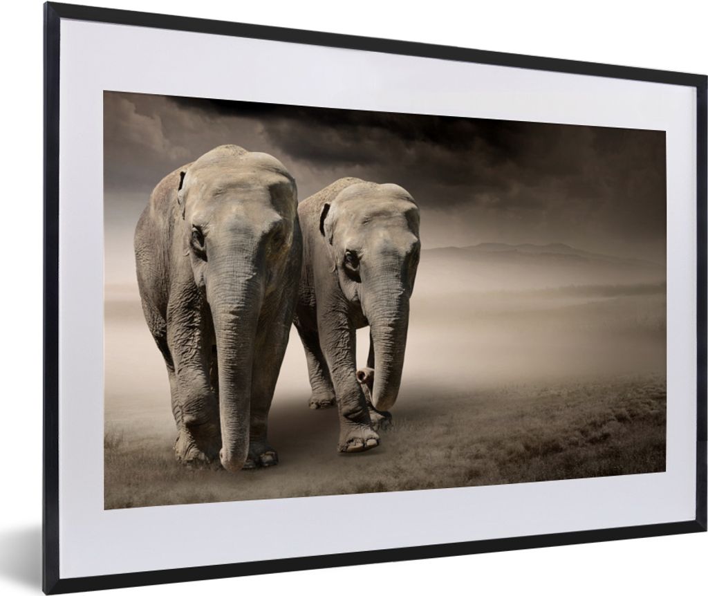 MuchoWow MuchoWow Gerahmtes Poster Elefant - Berg - Nebel 60x40 cm - Poster mit zchwarzem Bilderrahmen - Schlafzimmer - Plakat in Rahmen - Drucken