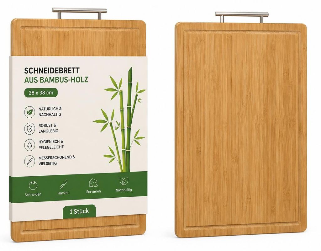 Bambus Schneidebrett 28 x 38 cm mit Aluminium-Griffleiste Produktbild  KI-generiertes Bild