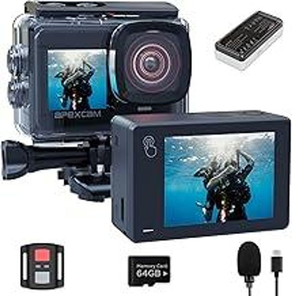 Apexcam X80Pro mit 64G Karte Action Cam 4K60FPS 48MP mit Doppelbildschirme EIS Stabilisierung WiFi Sportkamera Unterwasserkamera 40m Wasserdicht 8X...