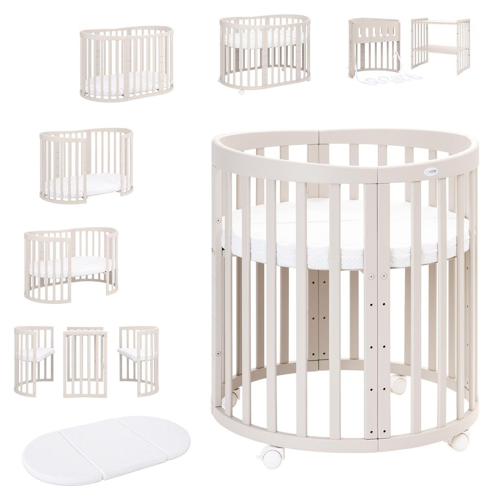 Mobiles Babybett OWAL aus Holz 7in1 mit Matratze, Produktbild 