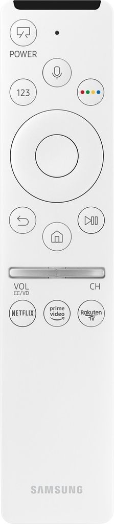 A white Samsung TV remote control is shown against a white background.