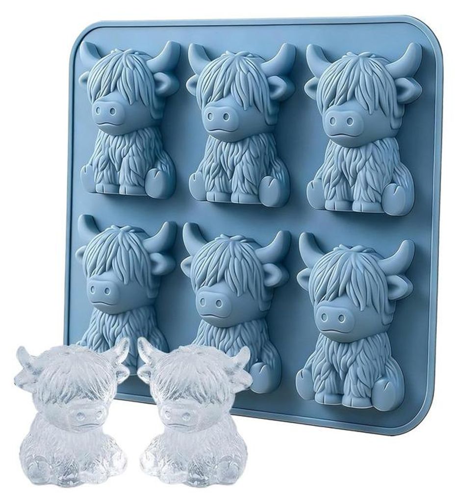 Mini 3D Hochlandrind Eiswürfelform, lustige Silikonform für Eiswürfel, Schokolade, Bonbons & DIY Seife, Blau