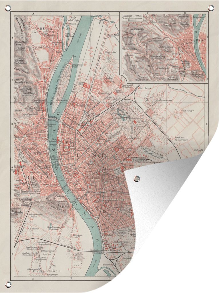 MuchoWow 60x80 cm Outdoor-Poster Gartendeko Sichtschutz Garten Poster für den Garten Eine Illustration des Stadtplans von Budapest in Ungarn au...
