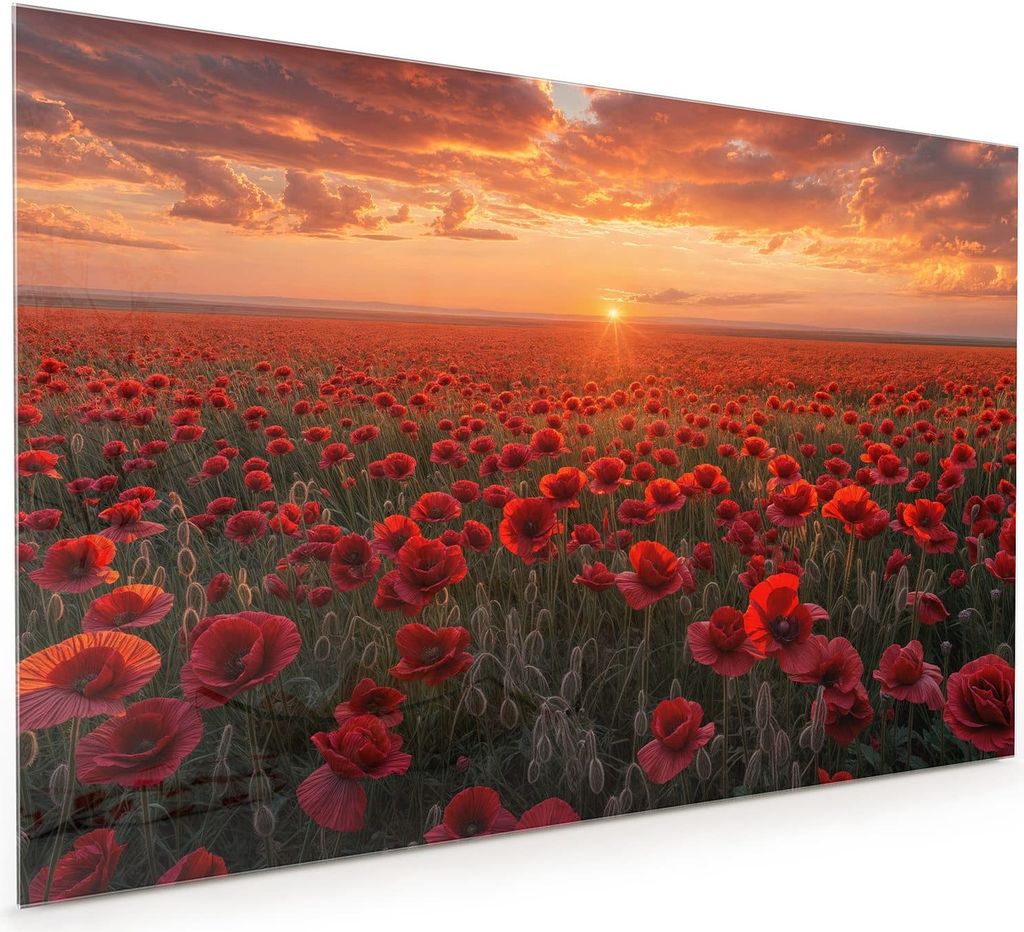 Küchenrückwand Spritzschutz Glas mit Motiv Mohnfeld Sonnenuntergang 40 x 40 cm