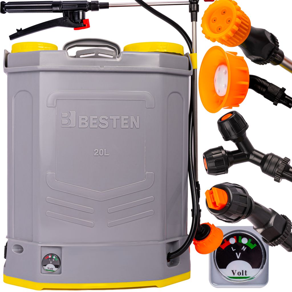 BESTEN 20l Akku-Sprüher, Gartenbrause mit regelbarem Druck, Düsen inklusive, Inline-Lanze