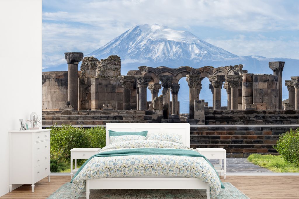 MuchoWow Fototapete für Wohnzimmer oder Schlafzimmer Wandtapete Vinyl Motivtapete Ruinen mit dem Ararat in Armenien im Hintergrund - 360x240 cm ...