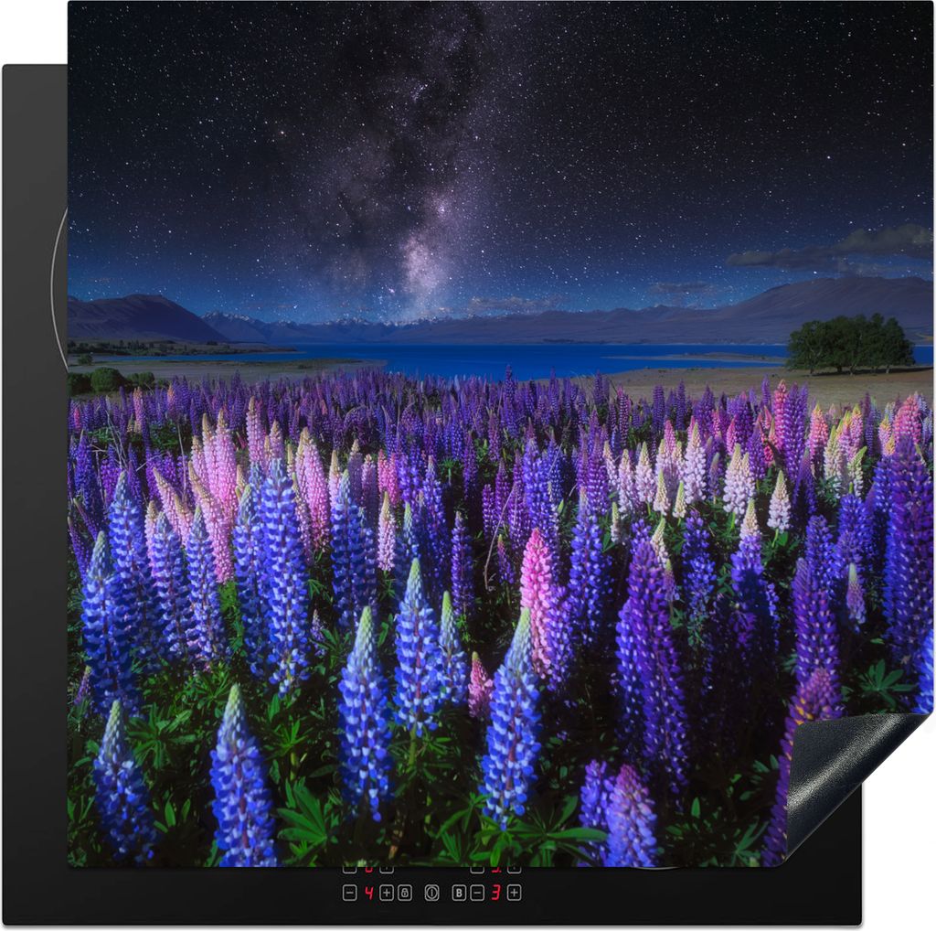 KitchenYeah Herdabdeckplatte Blumen - Nacht - Lupine - Sternenhimmel - Lila - Natur , 78x78cm, Küche Deko, Glaskeramikkochfeld Herdabdeckung, Ab...