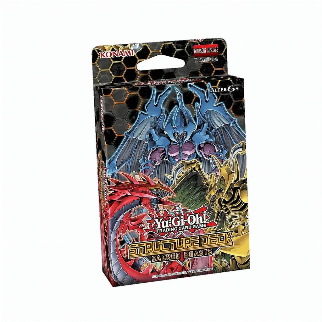 A Yu-Gi-Oh! Structure Deck: Sacred Beasts packaging with artwork of three monsters.