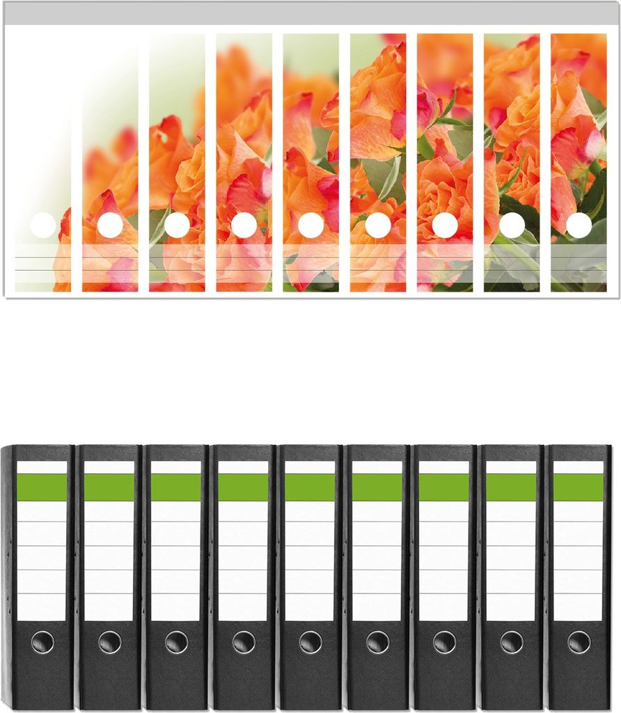 Wallario 9 Stück breite Ordner inkl. Klebeetiketten mit Motive Orangene Rosenblüten im Strauß - Set mit Rückenschildern / Ordnerrücken Stickern