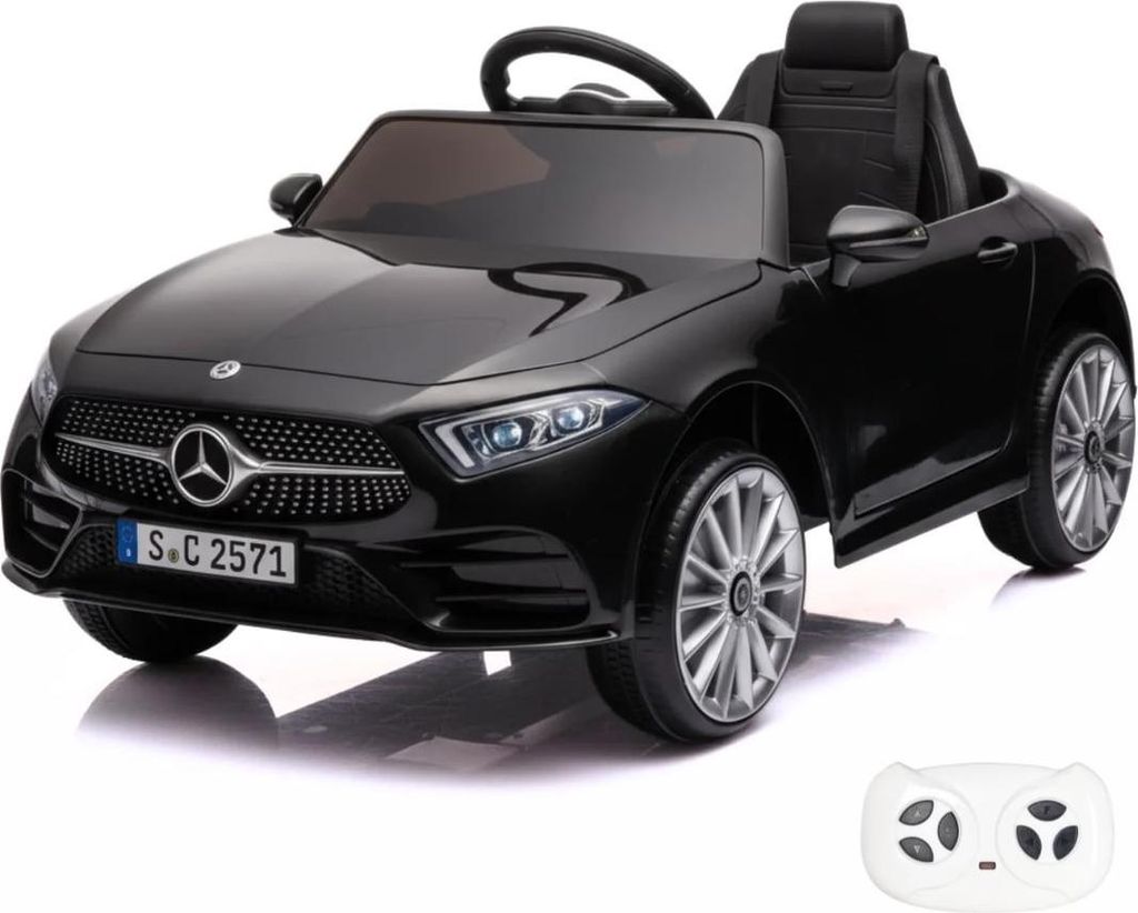 A black toy Mercedes CLS350 electric car with a remote control.