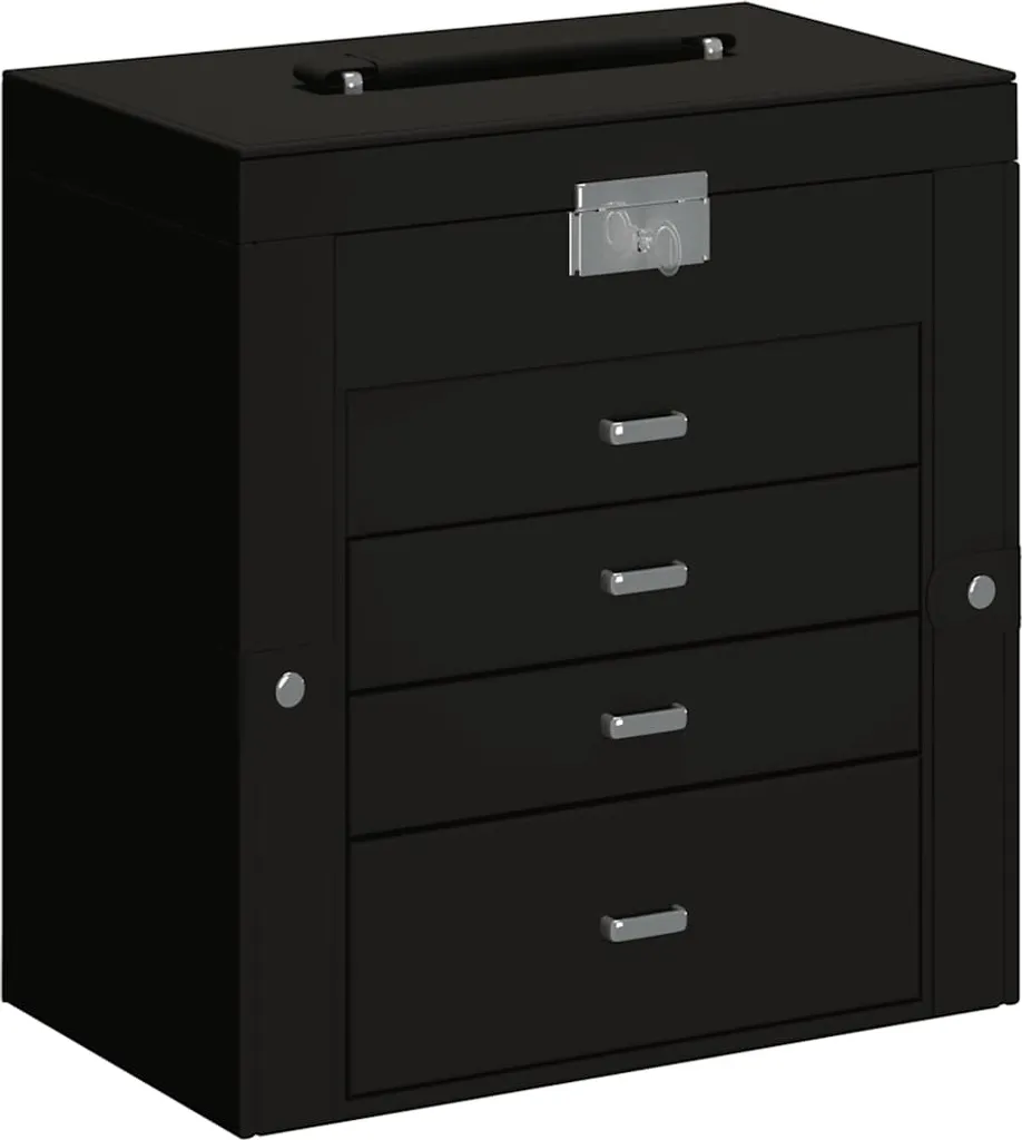 Grande boîte à bijoux noire verrouillable miroir interne 5 niveaux XL