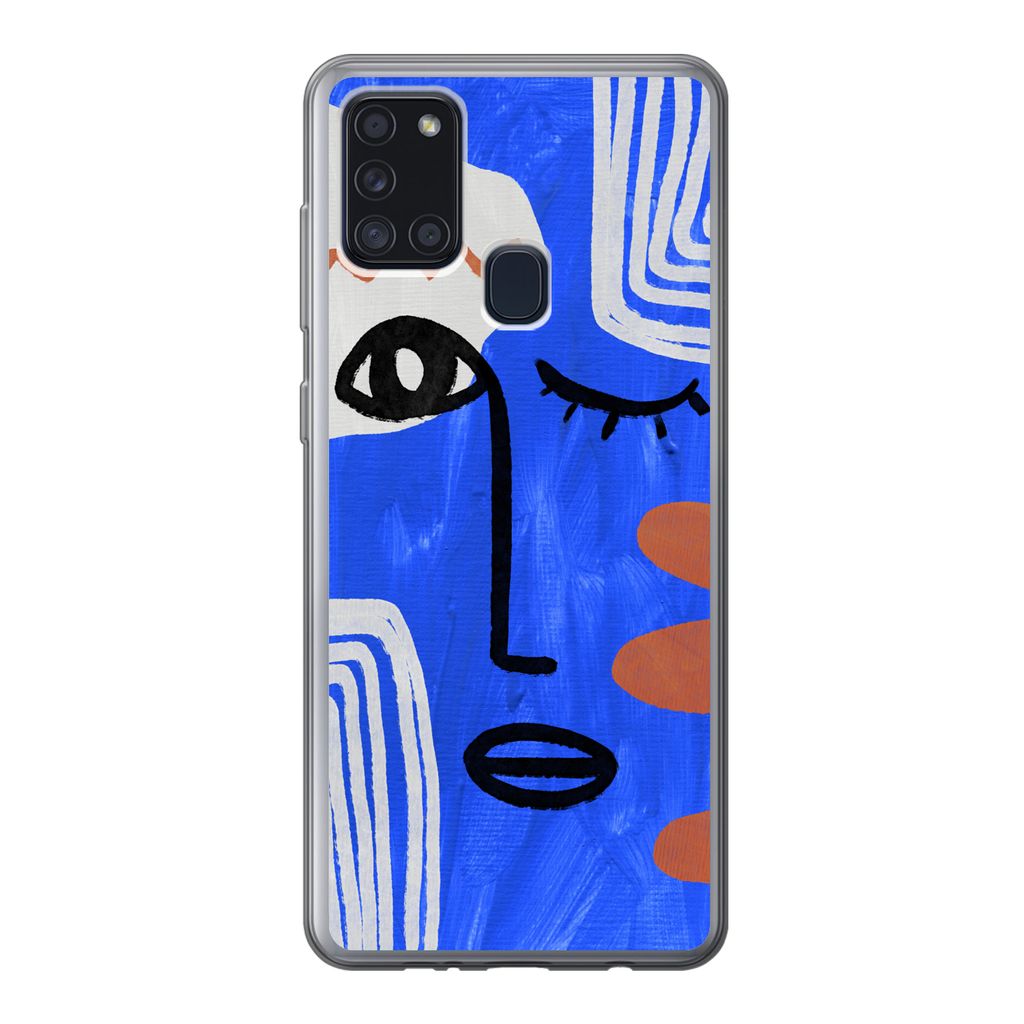 MuchoWow Handyhülle Schutzhülle Hülle für Samsung Galaxy A21s Gesicht - Blau - Abstrakt Silikon Softcase Handy Hülle - Hartschale