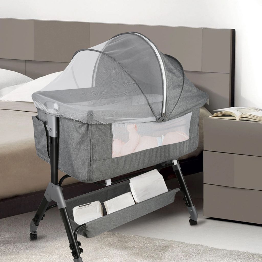 2 in1 Beistellbett Baby,Babybetten Reisebett Babybett Höhenverstellbar, neigbar, Kinderbett inkl. Matratze und Moskitonetz Grau
