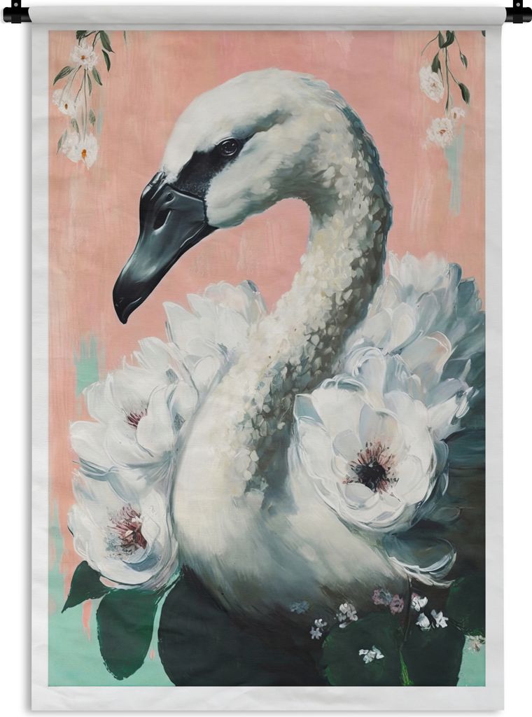 MuchoWow Wandteppich Wandbehang Schwan - Tiere - Blumen - Pastell - Weiß 60x90 cm Tapisserie Dekoration Wandtuch - Foto-Teppich - Abwaschbar