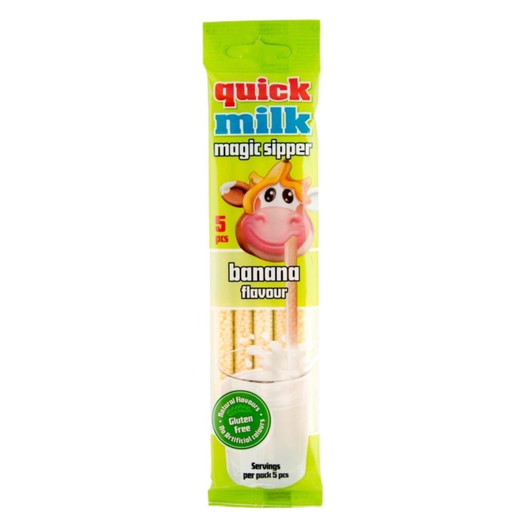 A package of Quick Milk Magic Sipper banana-flavored drinking straws.