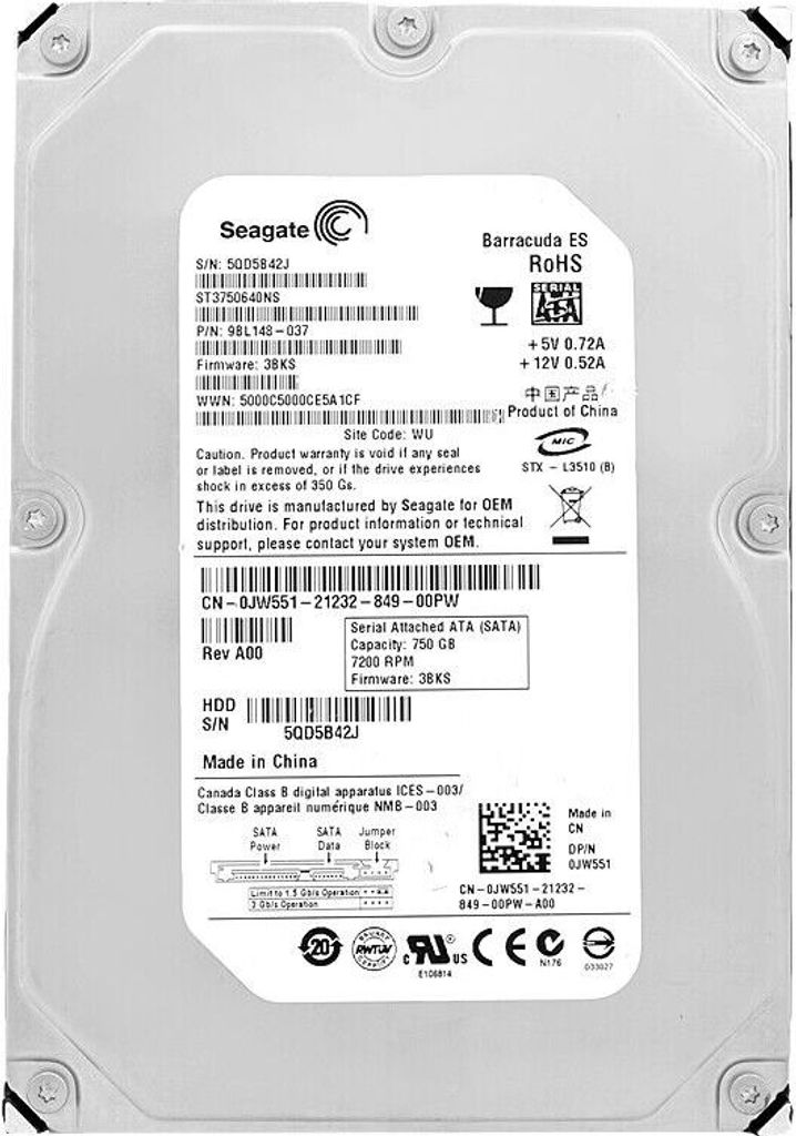 Festplatte DELL ST3750640NS 750Gb 16Mb Cache 7200Rpm SATA II 3.5'' 0JW551