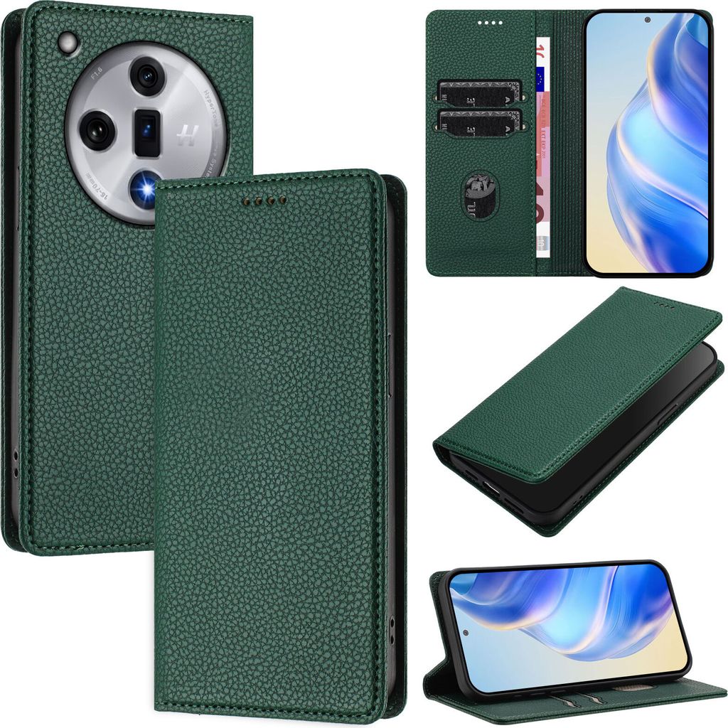 Litchi Leder Handyhülle für Oppo Find X7 Wallet Kartenfächer Standfunktion Hülle Grün