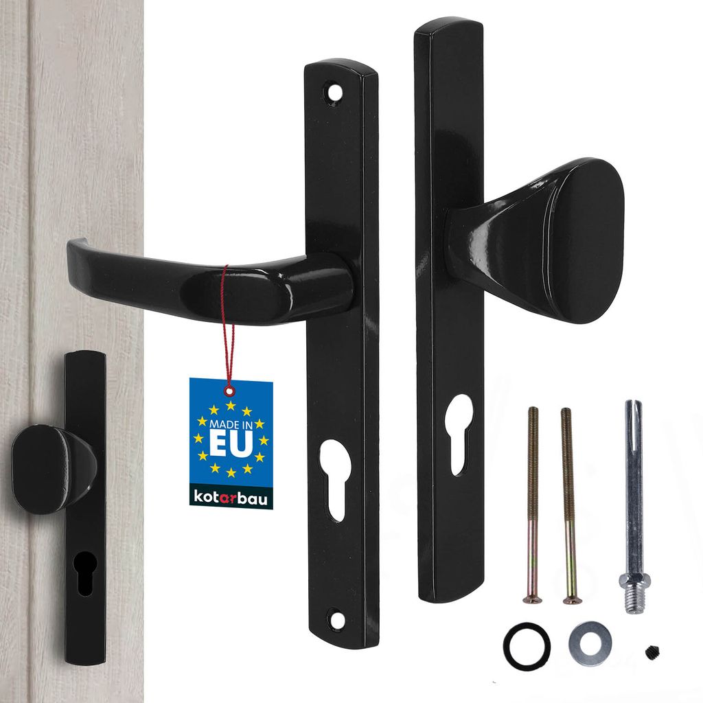 A set of black door handles and related hardware, including screws and washers, is displayed against a light gray and white background. A small blue tag with stars and text is attached to one of the handles.