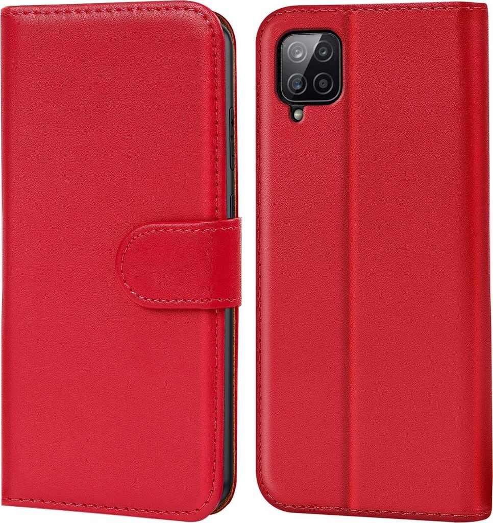 A red book-style phone case is shown open and closed.