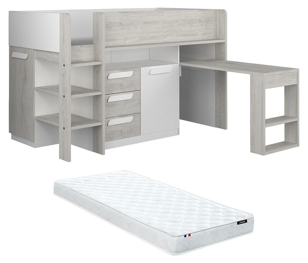 Zwischengeschossbett 90 x 200 cm - Mit Schreibtisch und mit Kommode - Weiß und Natur + Matratze - LOUKALA
