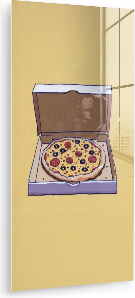 MuchoWow Glasbilder - Bilder auf Wandbild - Foto auf Glas Pizza - Schachtel - Salami - Illustration 60x120 cm Wanddekoration aus Glas - Acrylglasbi...
