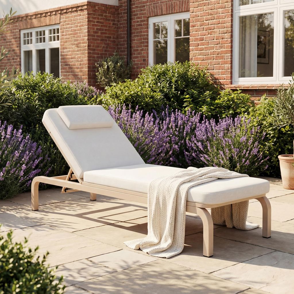 Flieks Gartensofa Gartenliege 5-stufig Verstellbar, Sonnenliege Sonneninsel mit ausziehbarer Ablage und verstellbaren Kopfstütze, Gartenlounge Beige