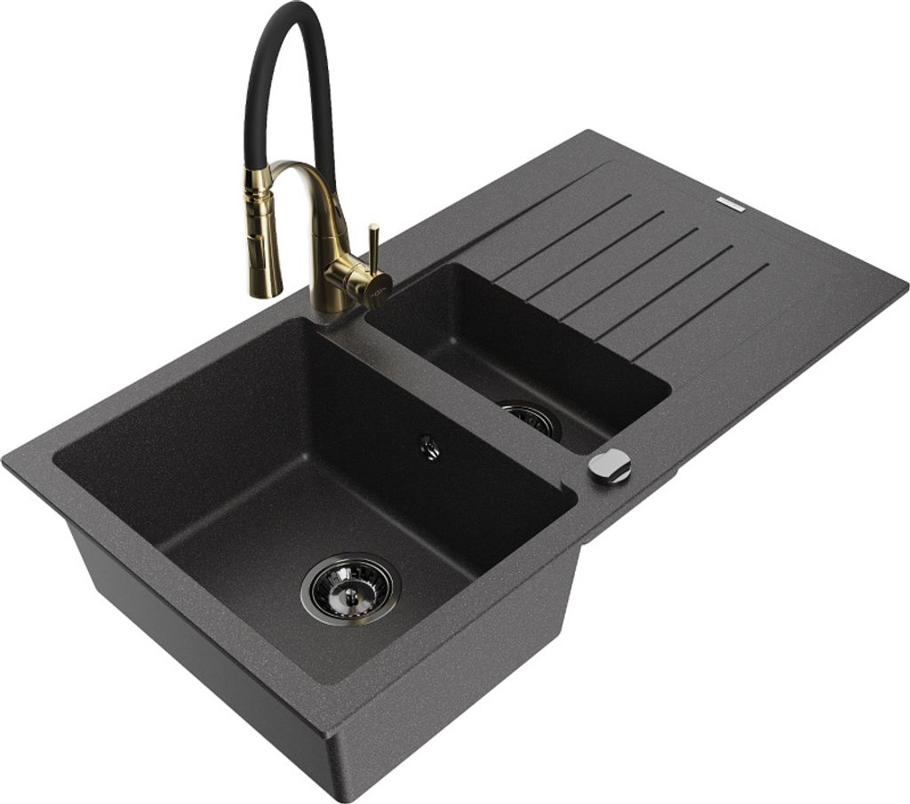 Mexen Matias 1,5-Becken-Granitspüle mit Abtropffläche und Mischbatterie Aster, Schwarz gesprenkelt - 6502-76-73450-57-B
