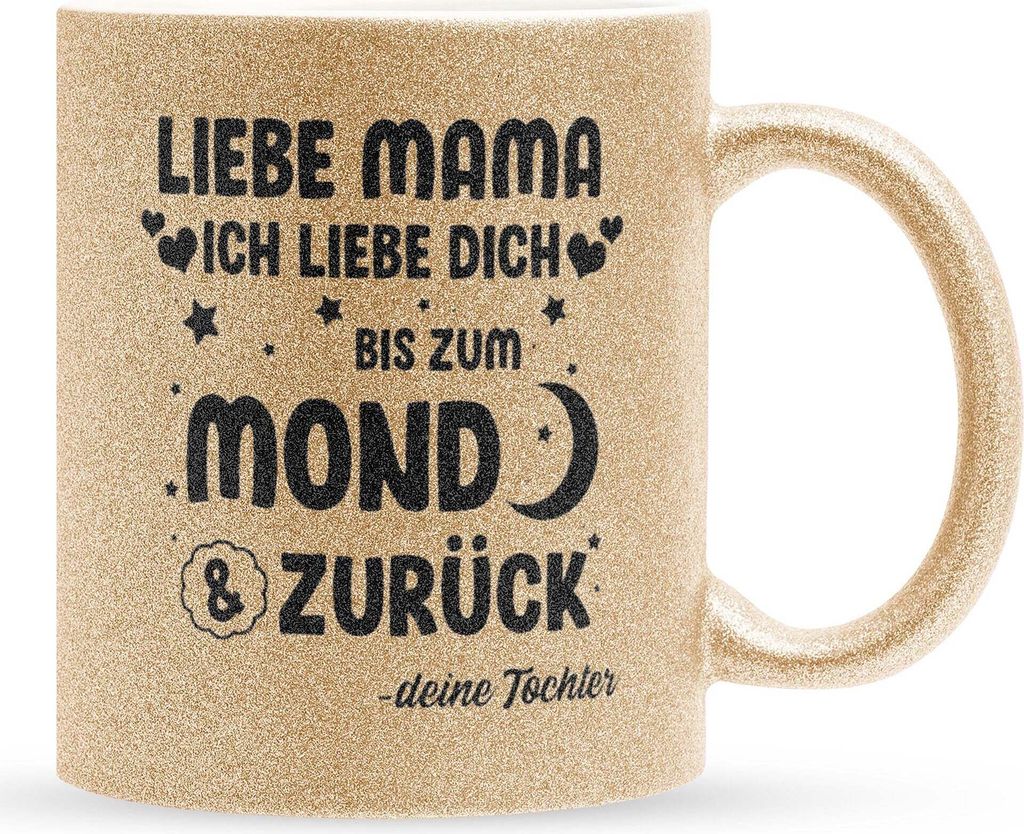 22Feels Glitzertasse Gold Mama Geschenk von Tochter Muttertag Geburtstag Mutter Weihnachten Frauen Kaffeetasse Haferl Geschenkidee Bürotasse